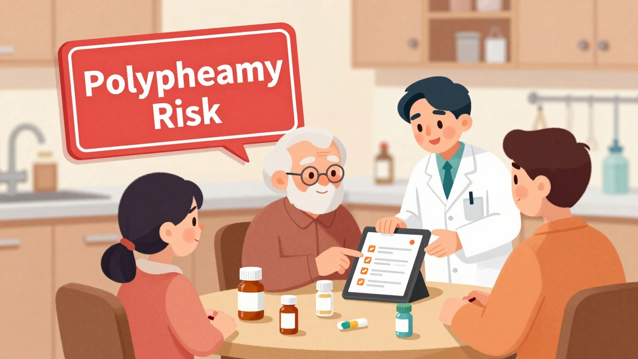 Un senior entouré de plusieurs médicaments, accompagné d&#039;un pharmacien et d&#039;un proche qui consultent une liste de sécurité.