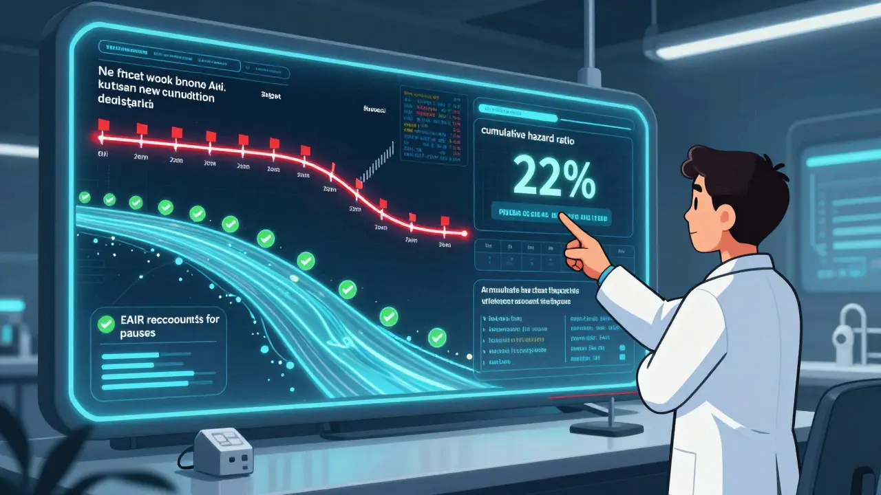 Un tableau de bord clinique futuriste avec des flux de données animées, des drapeaux rouges pour les erreurs d'exposition et un algorithme EAIR en cours d'analyse.