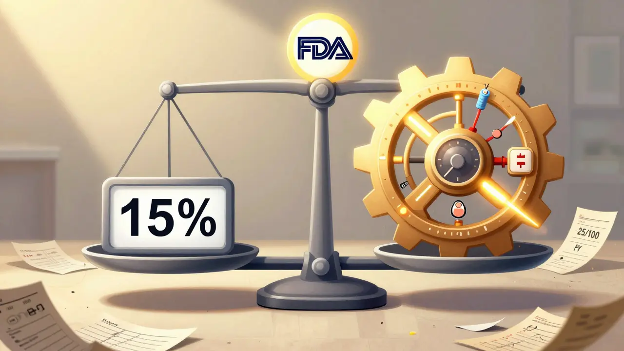 Une balance médicale comparant un pourcentage simple à un mécanisme EAIR complexe avec des horloges et des symboles de pause, sous un badge FDA.