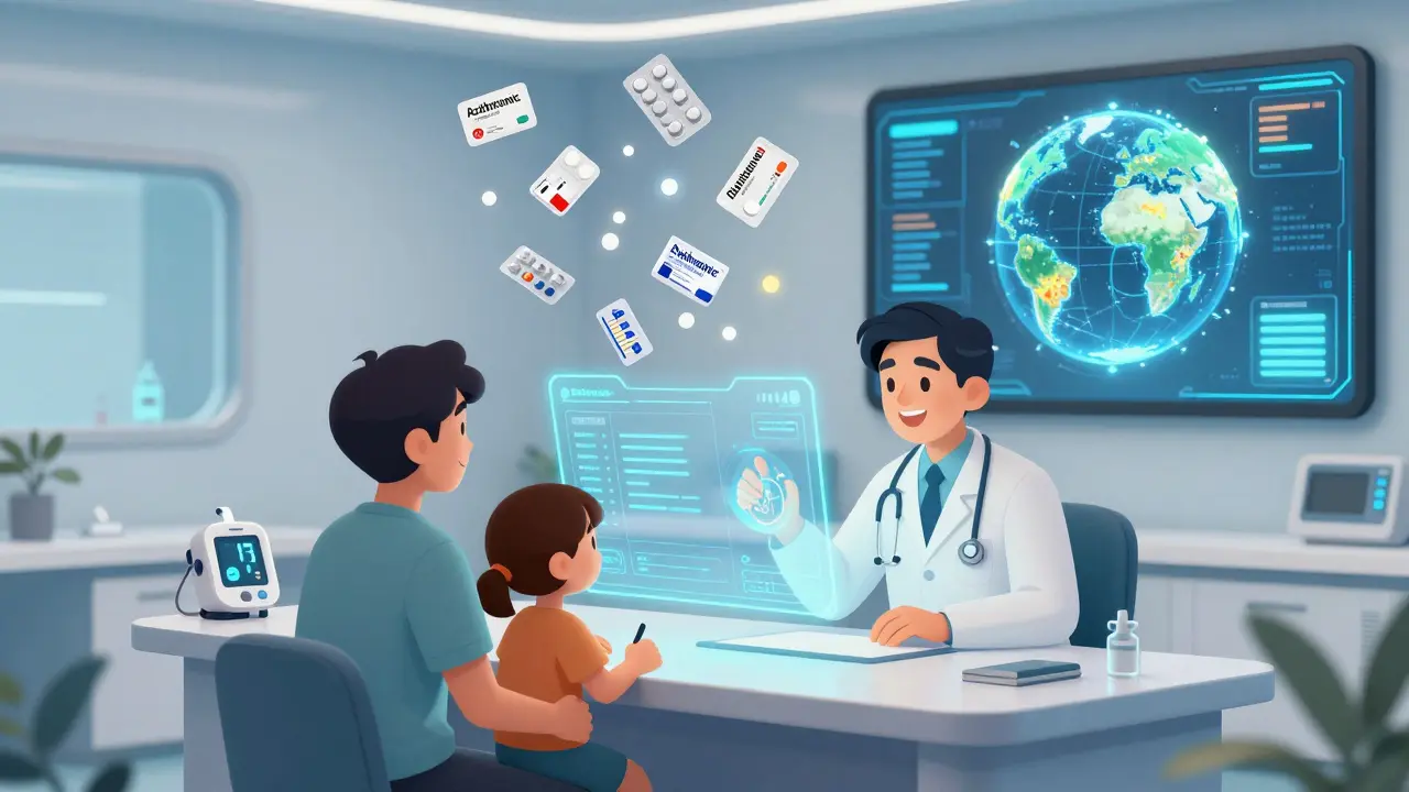 Une clinique futuriste avec des projections holographiques de données de santé et des médicaments personnalisés pour un voyageur et son enfant.