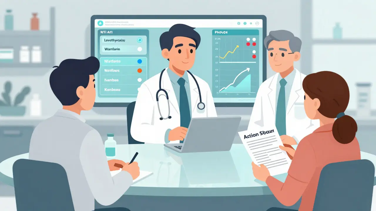 Une équipe médicale et un patient discutent autour d'un tableau affichant des données en temps réel sur les médicaments à indice thérapeutique étroit.