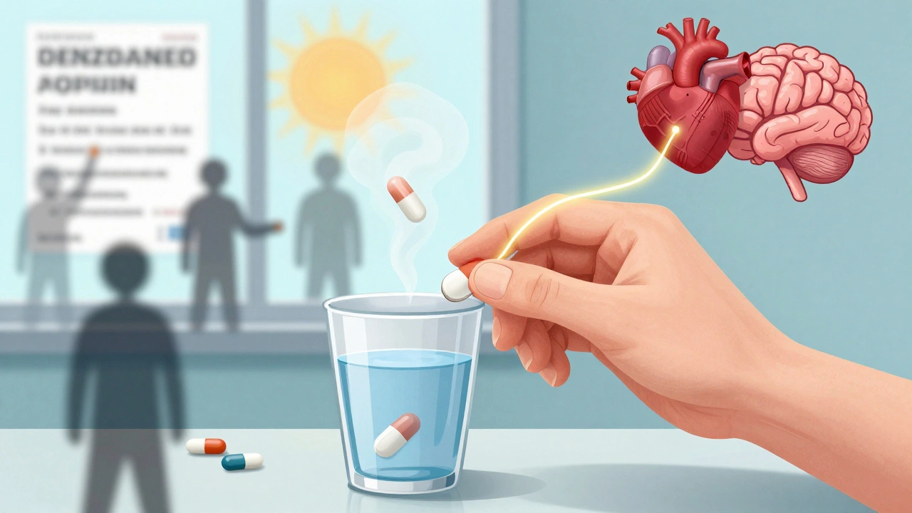 Une main âgée prenant une pilule, avec un lien lumineux vers le cœur et le cerveau, tandis que des combinaisons dangereuses disparaissent en fumée.