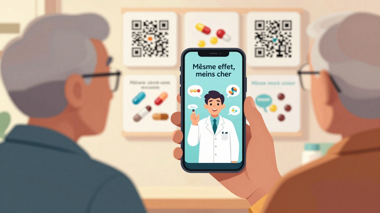 Une personne âgée regarde une vidéo explicative sur son téléphone, avec des pictogrammes et des phrases simples sur les génériques.