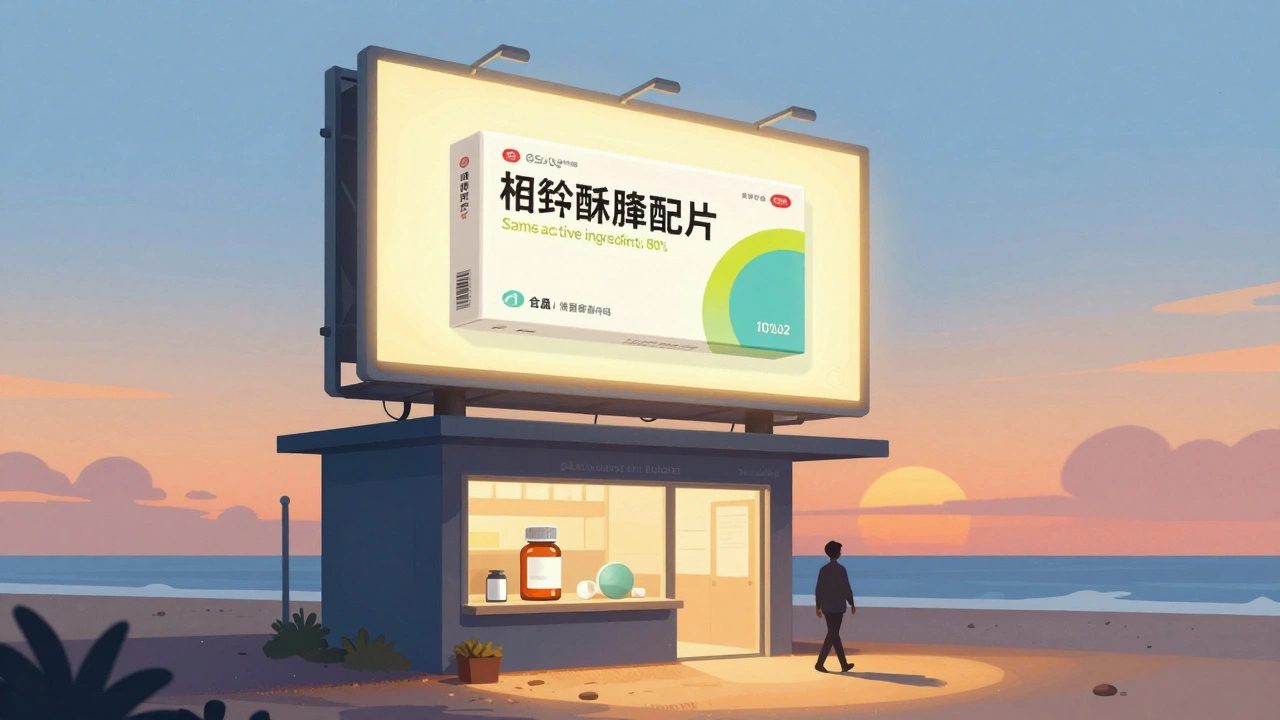 Une publicité géante en forme de coucher de soleil promeut un médicament de marque, tandis qu&#039;un générique discret est ignoré dans une pharmacie.