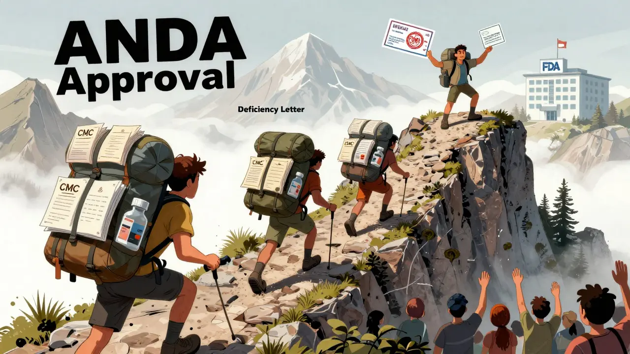 Alpinistes gravissant une montagne des exigences ANDA, l'un atteint le sommet avec un certificat d'approbation.