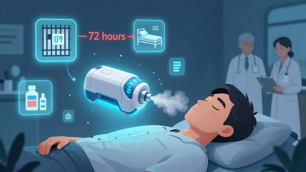 Appareil médical invisible délivrant de la naloxone automatiquement pendant une respiration lente, entouré de symboles de risque et de soutien.