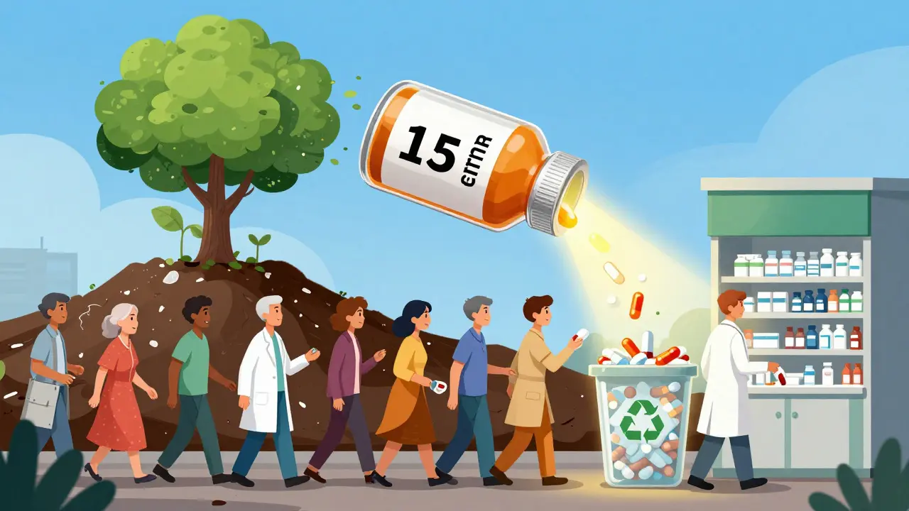 Bouteille médicamenteuse qui devient un arbre, patients déposant des médicaments périmés en pharmacie.