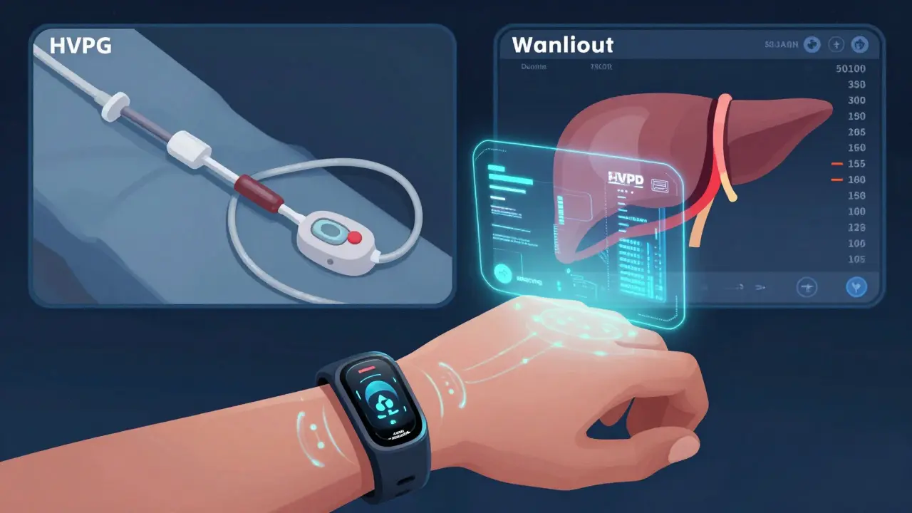 Bracelet intelligent Hepatica projetant une pression portale en hologramme, avec en arrière-plan une procédure invasive et une liste d'attente pour greffe.