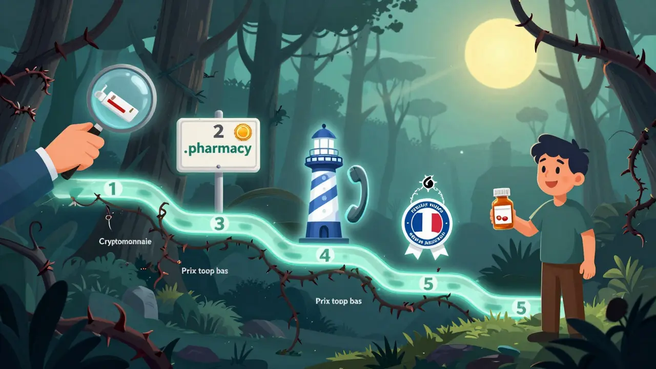 Cheminn de sécurité en 5 étapes menant à une pharmacie en ligne fiable, avec des symboles visuels.