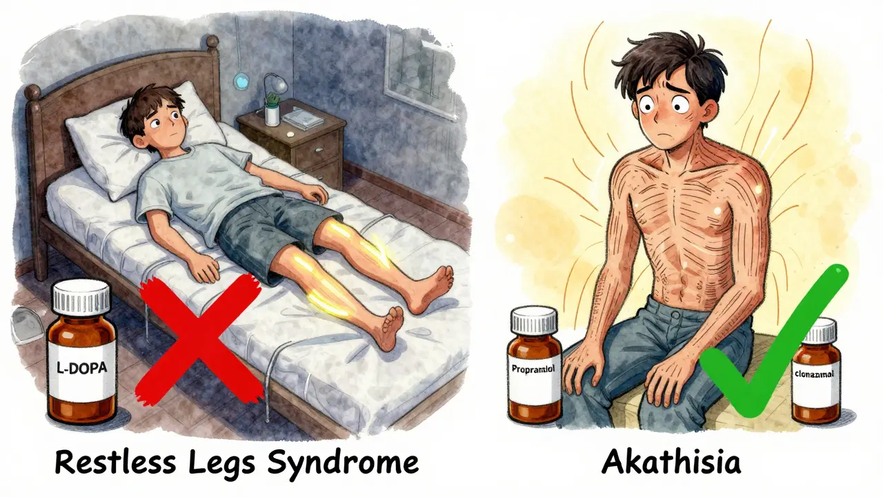 Comparaison visuelle entre syndrome des jambes sans repos et akathisie, avec symboles médicaux opposés.