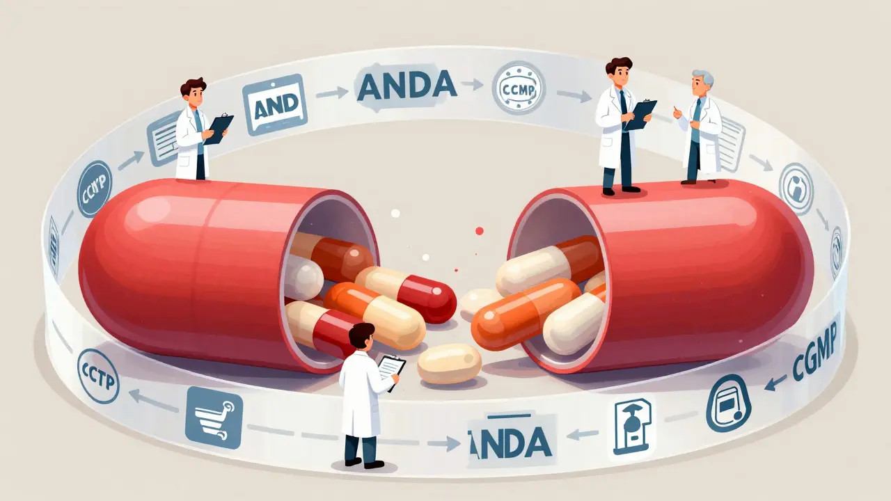 Coupe d'une pilule révélant des ingrédients actifs identiques, entourée d'un schéma du processus ANDA.