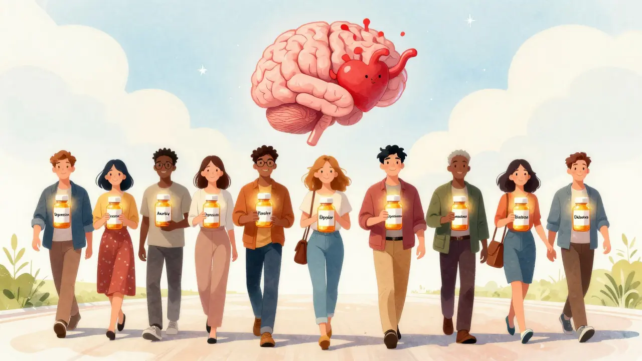 Des personnes marchent ensemble, portant des médicaments pour la santé mentale et physique, tous égaux sous une lumière dorée.