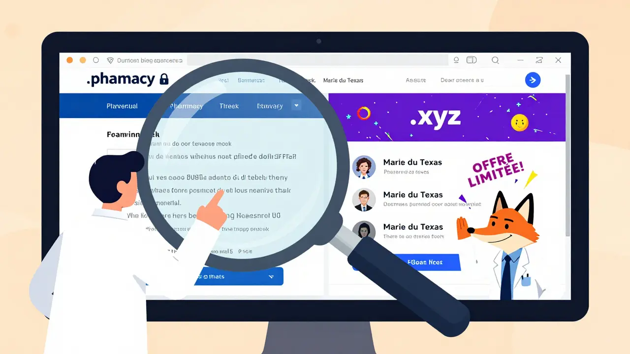 Écran d'ordinateur comparant une pharmacie en ligne légitime et une arnaque avec des indices visuels clairs.