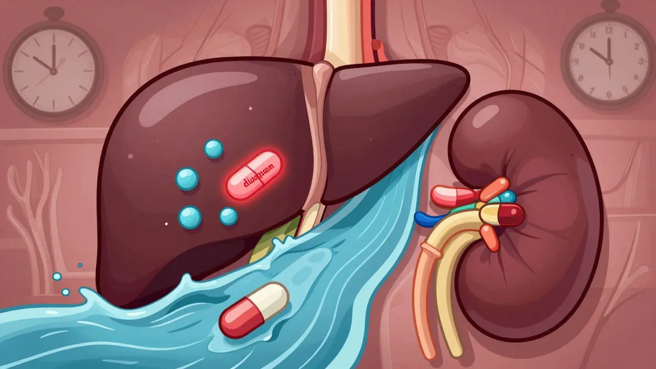 Foie et reins ralentis avec des comprimés piégés, comparés à un métabolisme jeune.