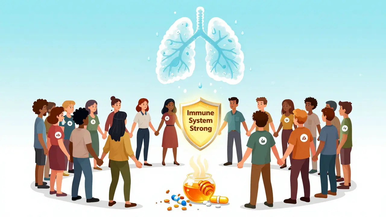 Groupe de personnes unies sous un bouclier de système immunitaire, avec des soins naturels montant vers un poumon sain.