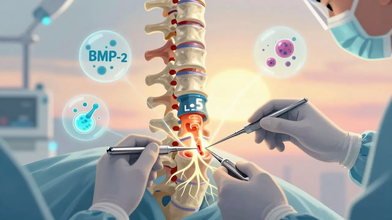 Intervention chirurgicale mini-invasive de fusion vertébrale avec implant et éléments biologiques en voie de fusion osseuse.