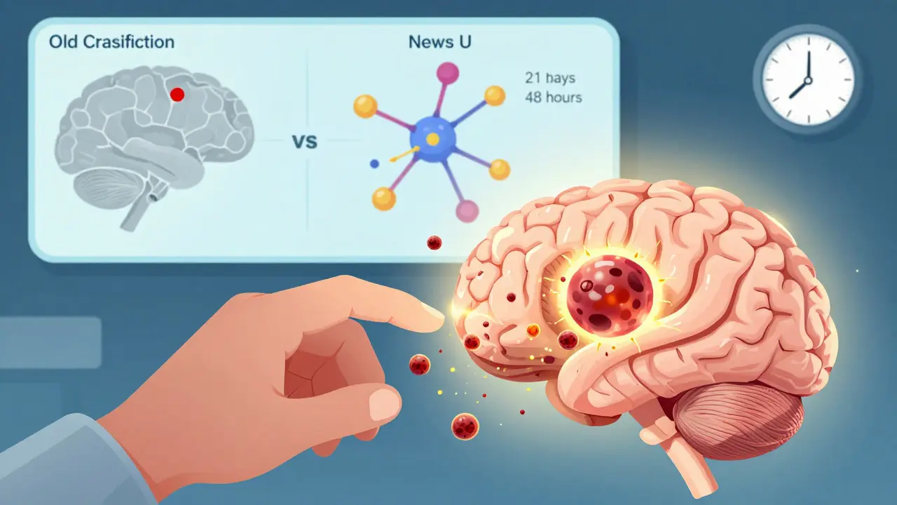 Main de chirurgien retirant une tumeur du cerveau, avec des cellules cancéreuses se transformant en particules dorées et un affichage comparatif des anciennes et nouvelles classifications.