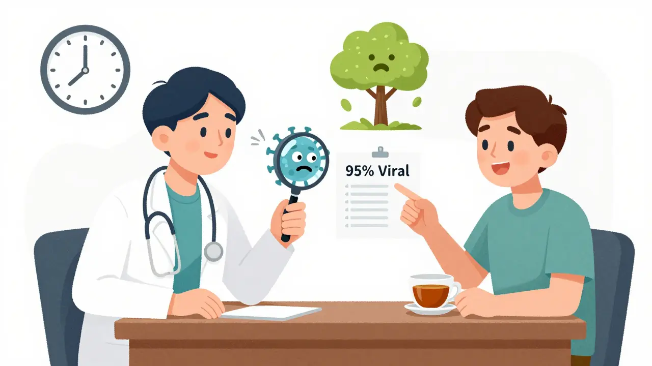 Médecin expliquant à un patient qu'une bronchite est virale, avec un graphique et un virus en dessin animé.
