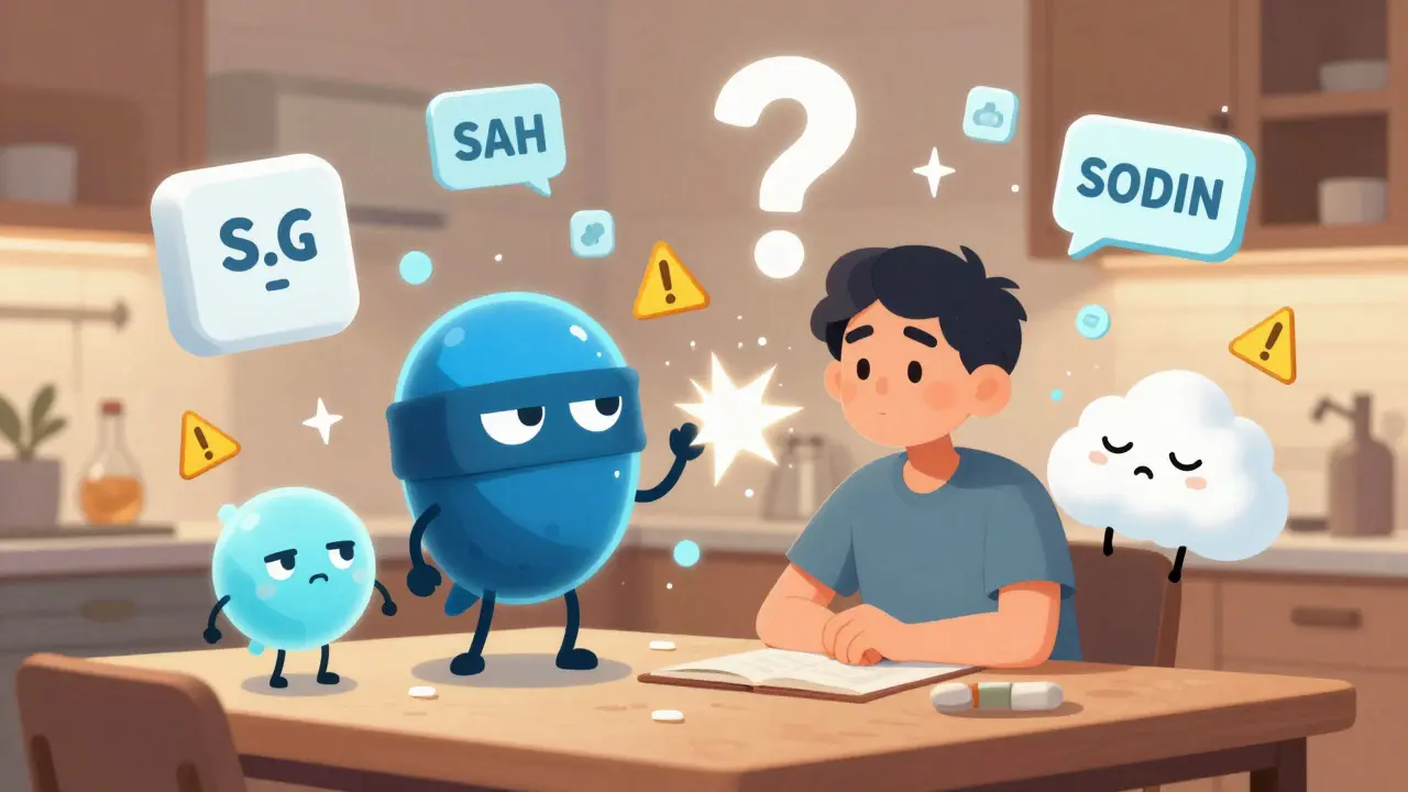 Patient entouré de personnages animés d'excipients qui interagissent de manière conflictuelle avec son corps.