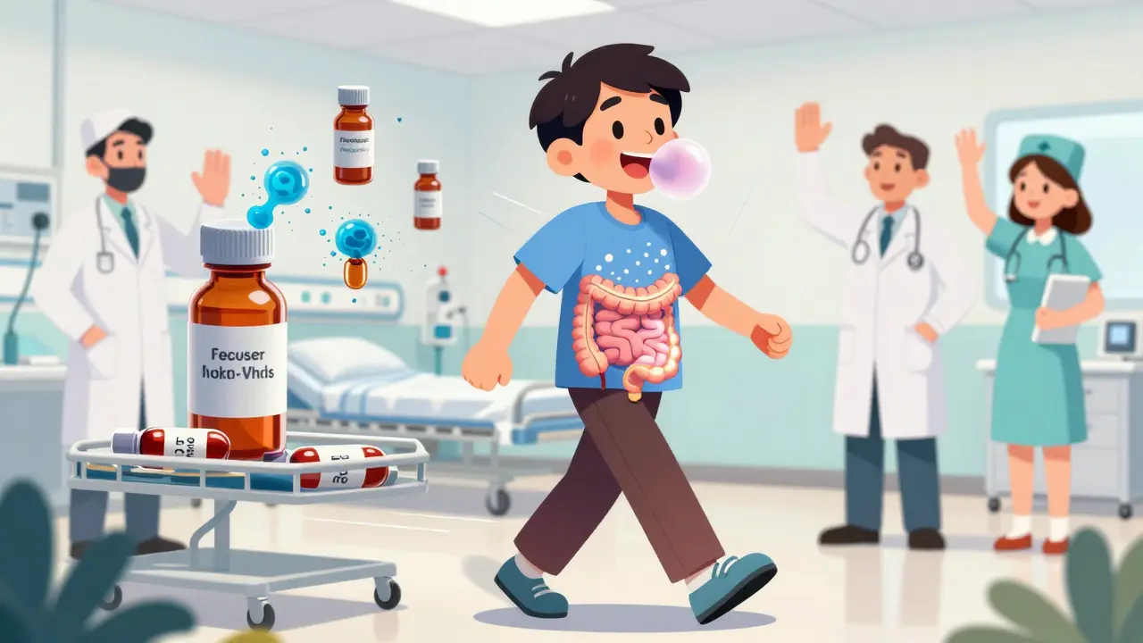 Patient marchant tôt après une opération, avec du chewing-gum qui active des contractions intestinales stylisées.