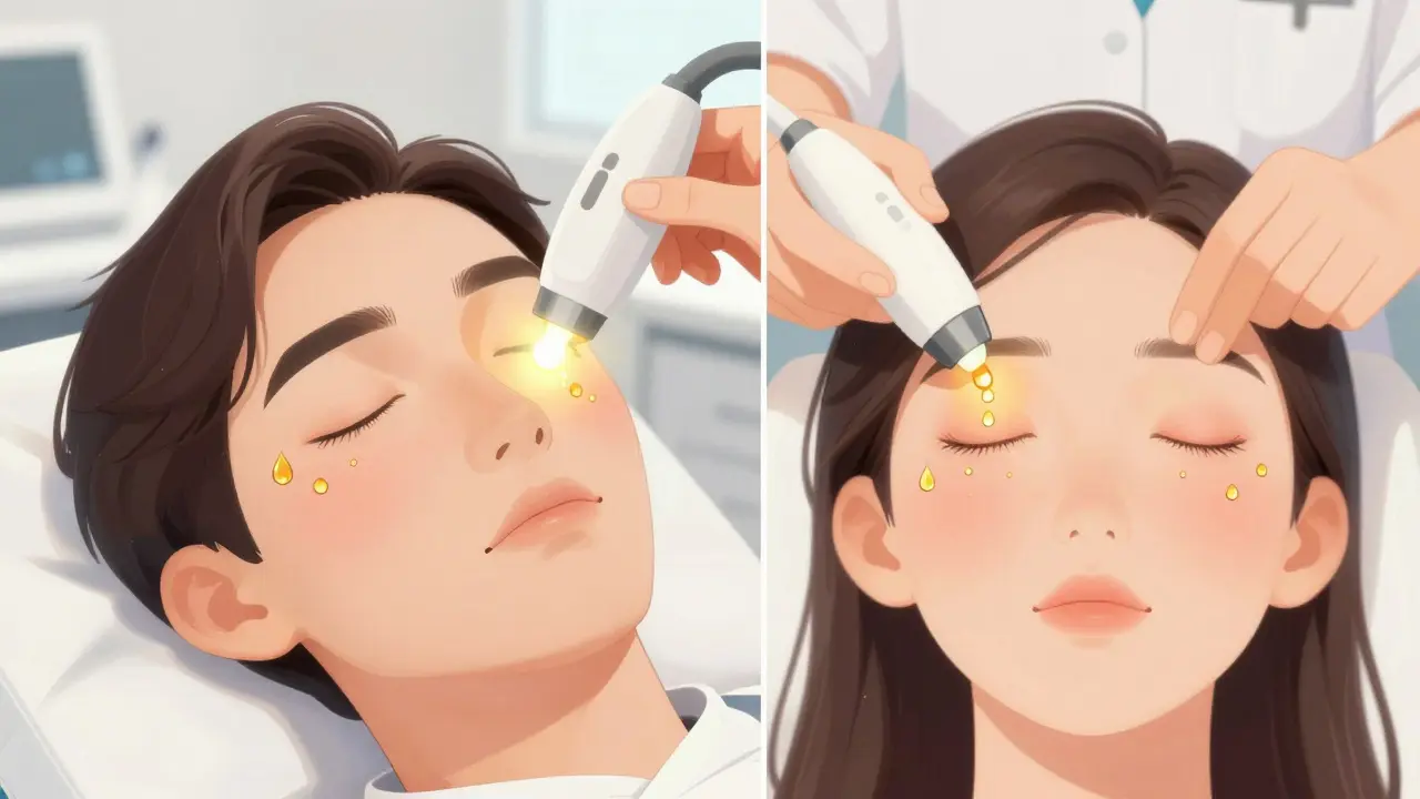 Patient recevant un traitement IPL sur les paupières, avec des gouttes d'huile qui s'échappent des glandes.