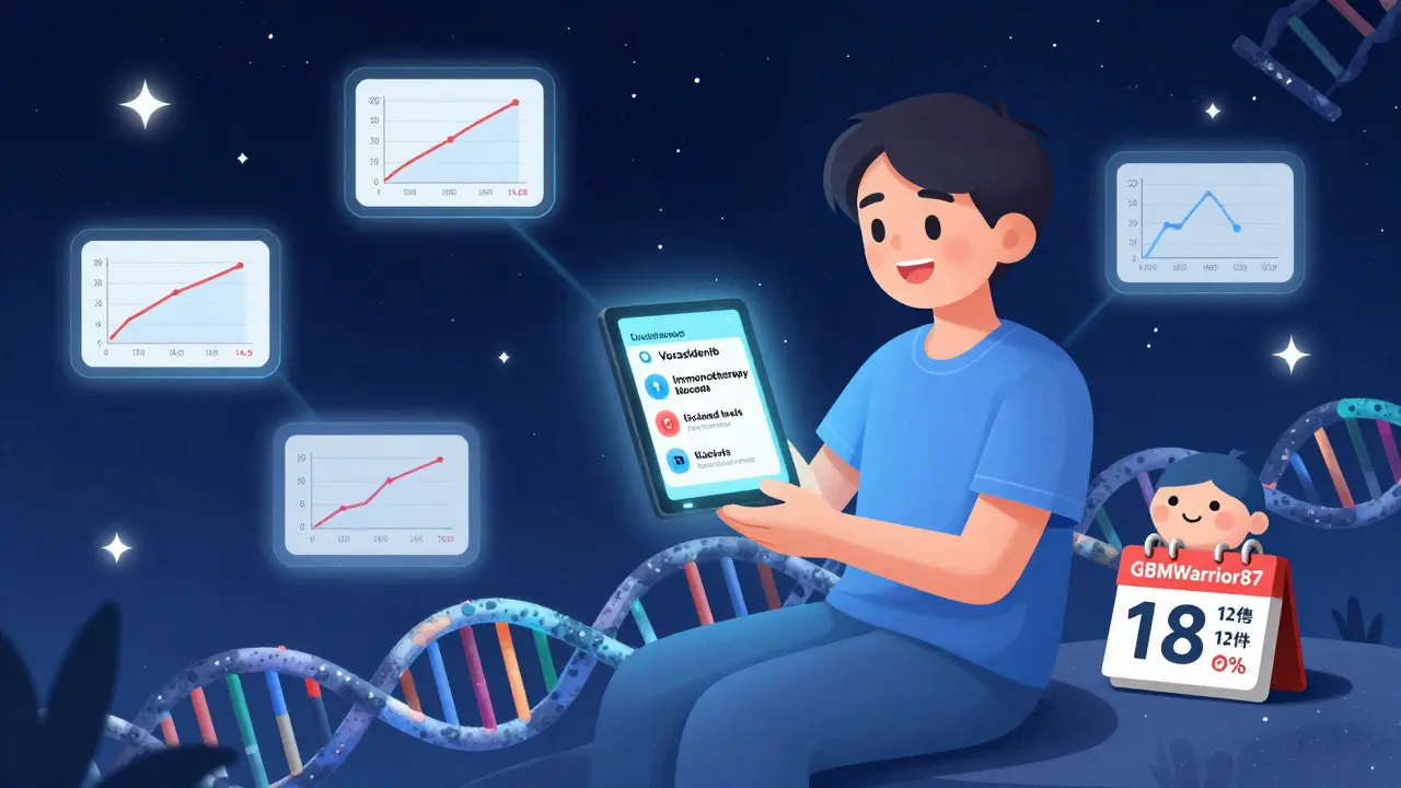 Patient sous un ciel étoilé de brins d'ADN, tenant un tableau de traitement personnalisé avec des courbes de survie allongées et un symbole de résilience.