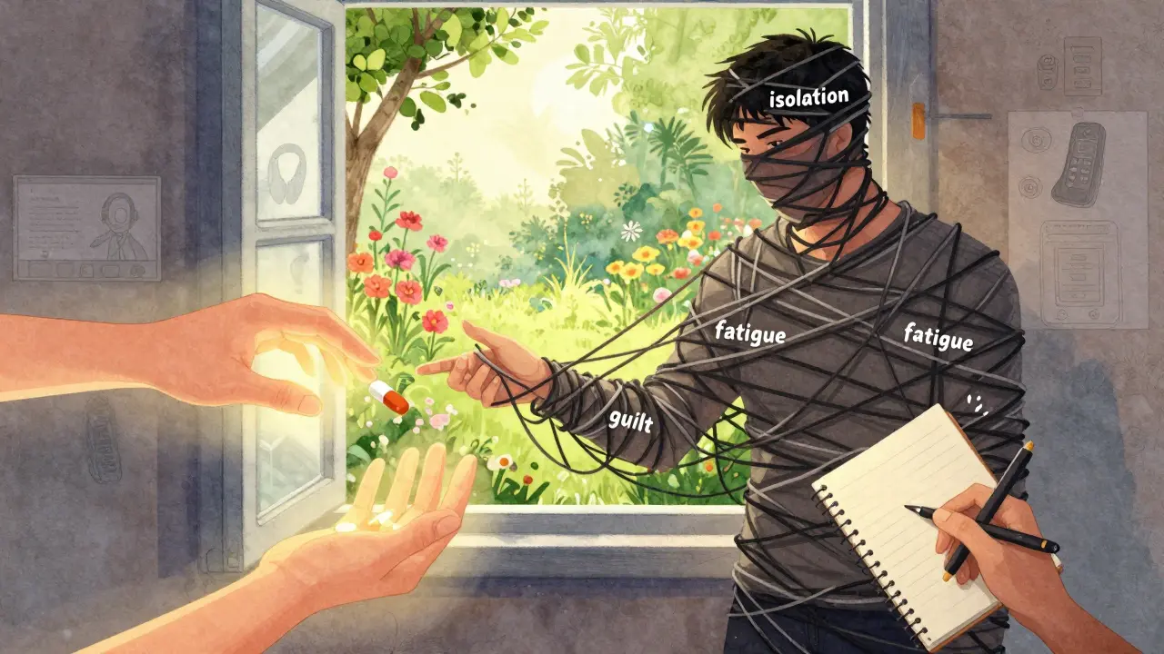 Personne déchirée par des fils sombres qui se défont grâce à l'aide d'un médicament et d'une thérapie, avec une fenêtre vers un jardin lumineux.