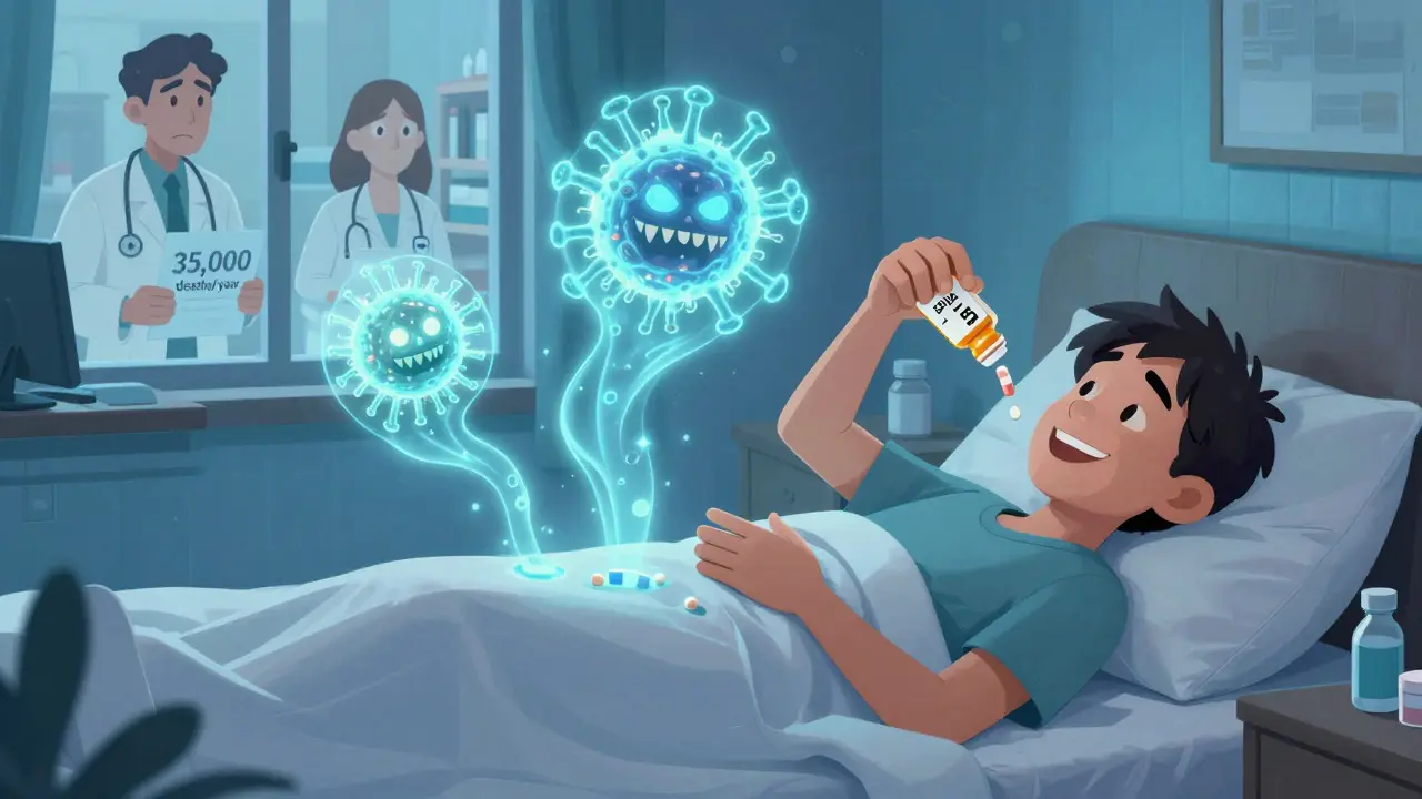 Personne jetant des antibiotiques, des bactéries résistantes surgissent d’un flacon vide.