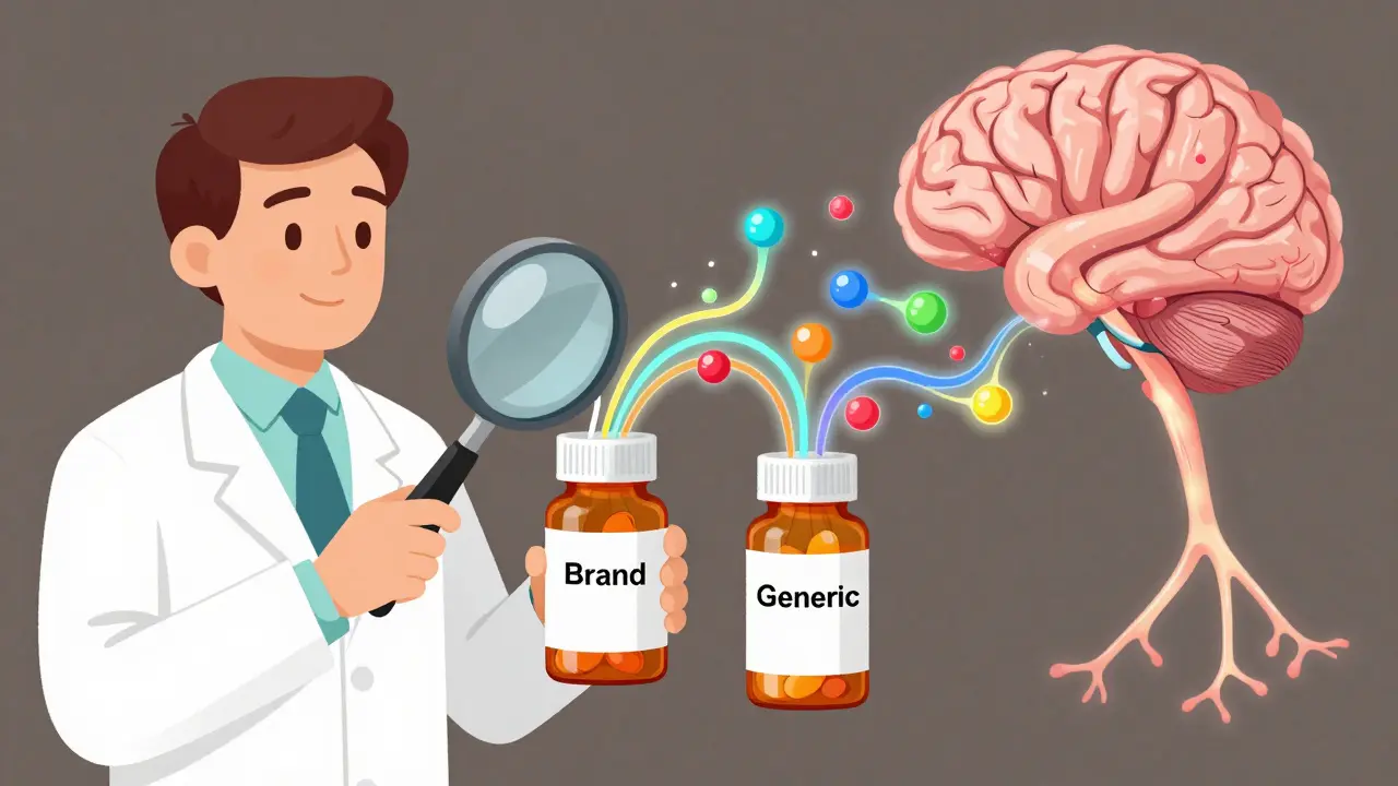 Pharmacien examinant deux pilules avec des molécules invisibles perturbant les fonctions corporelles du patient.