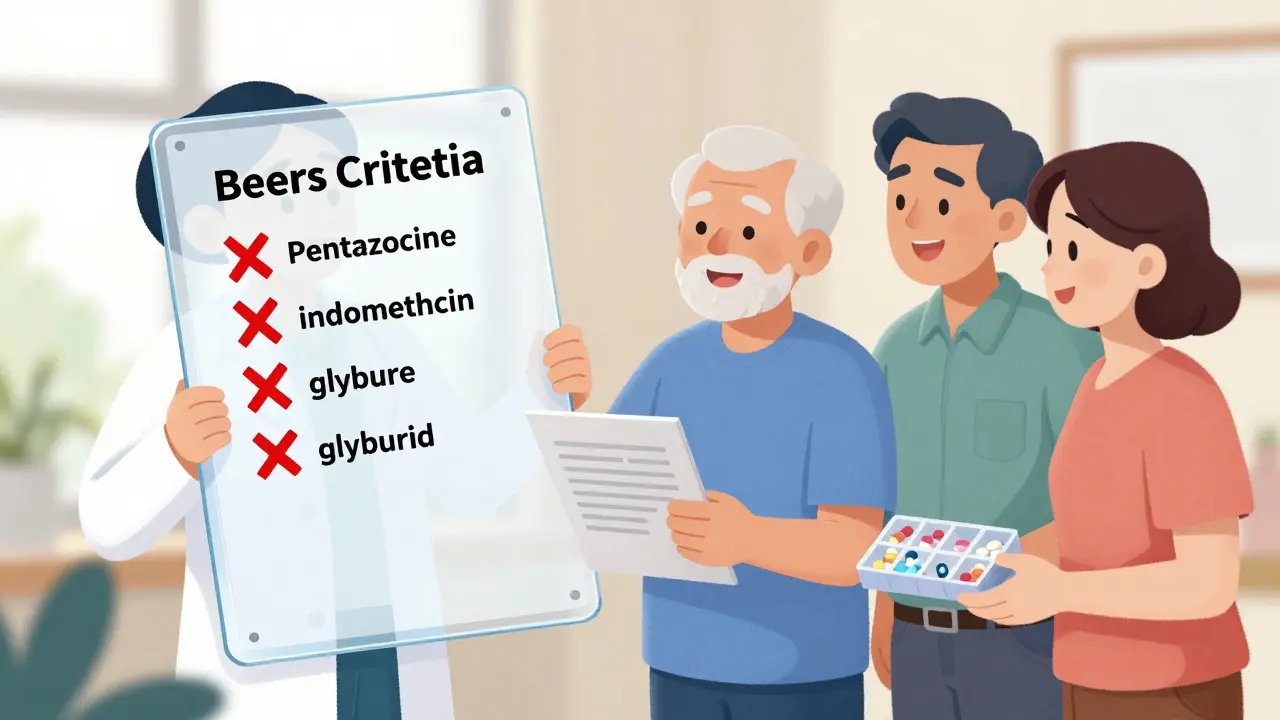 Pharmacien explique les médicaments dangereux à un patient âgé avec sa famille.