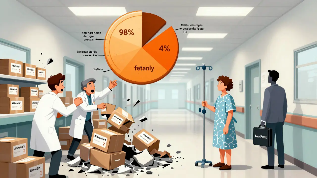 Pharmaciens en quête d'alternatives dans un hôpital, tandis qu'une infographie montre que 98 % des pénuries ne sont pas couvertes par la réserve.