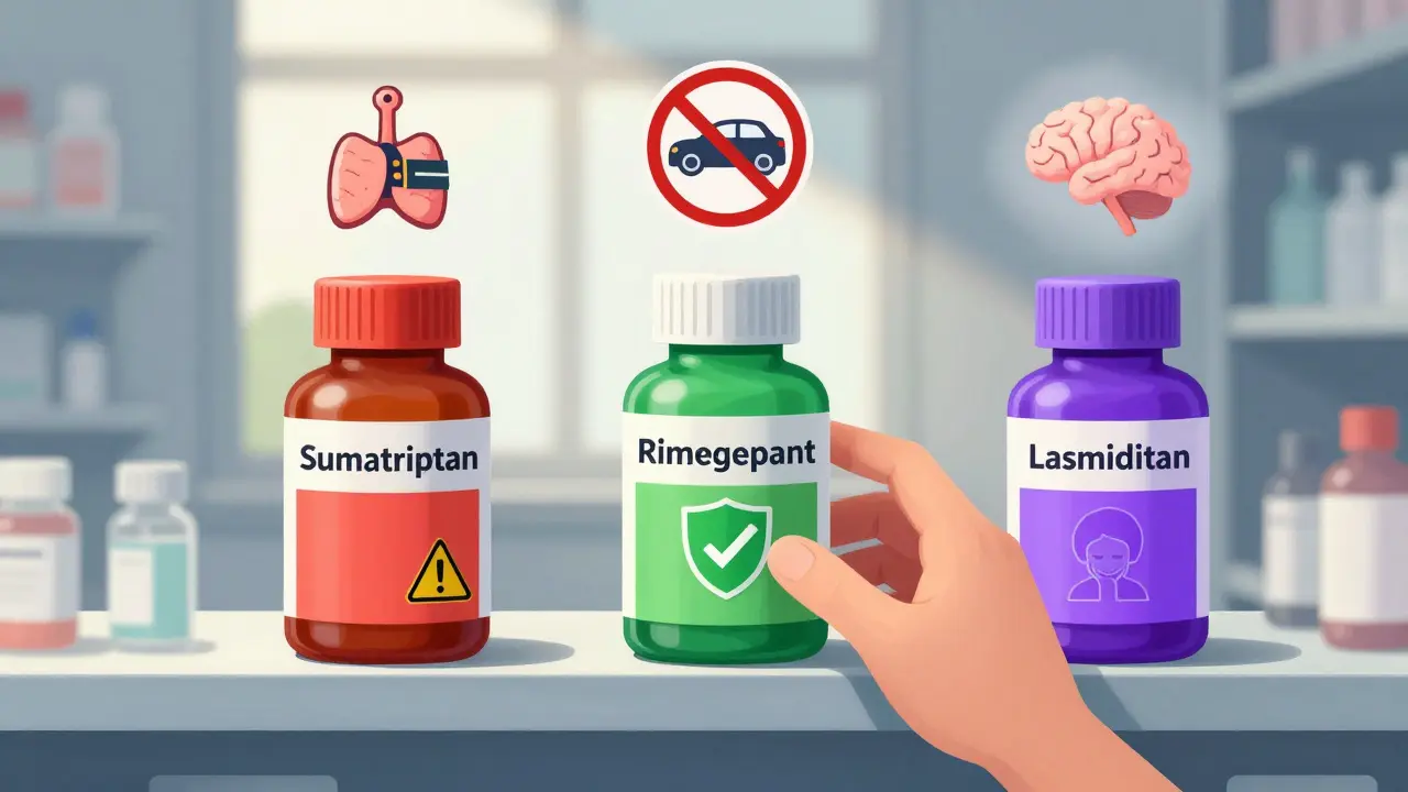 Pharmacy shelf with three migraine medications, green gepant bottle chosen over red and purple alternatives.