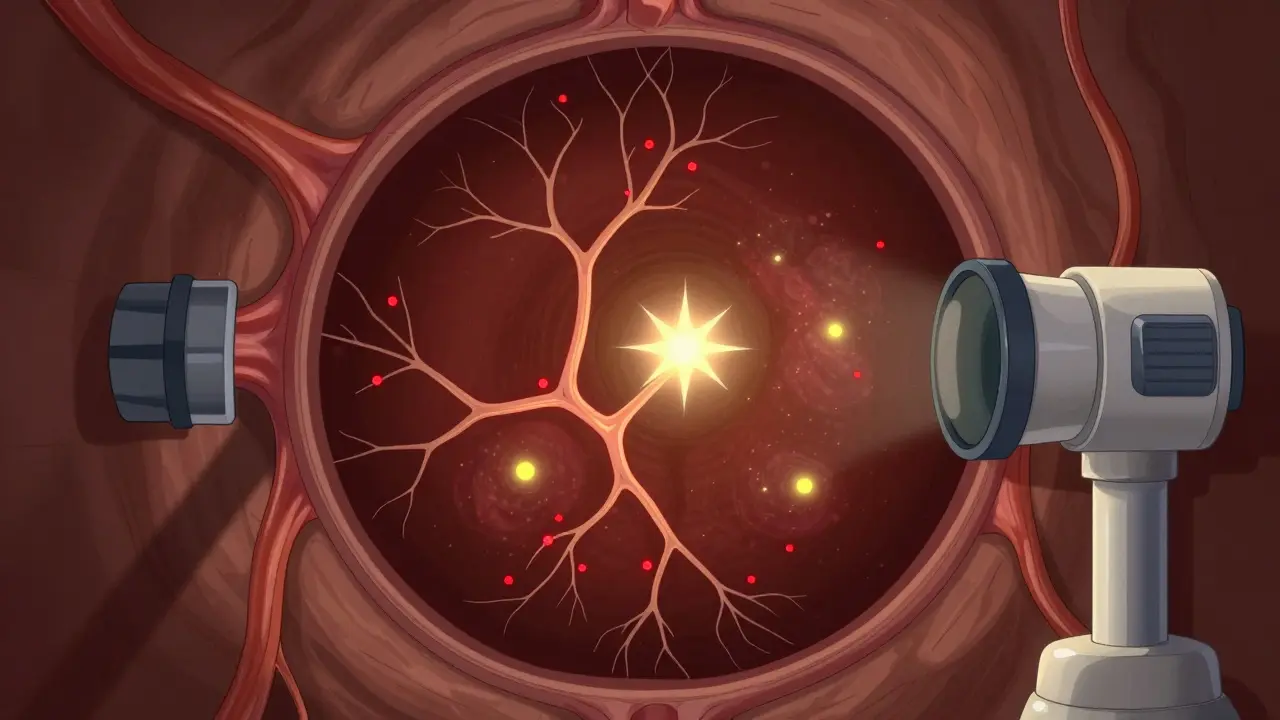 Photo stylisée du fond d'œil montrant des micro-anévrismes rouges et des vaisseaux sanguins comme une carte céleste.