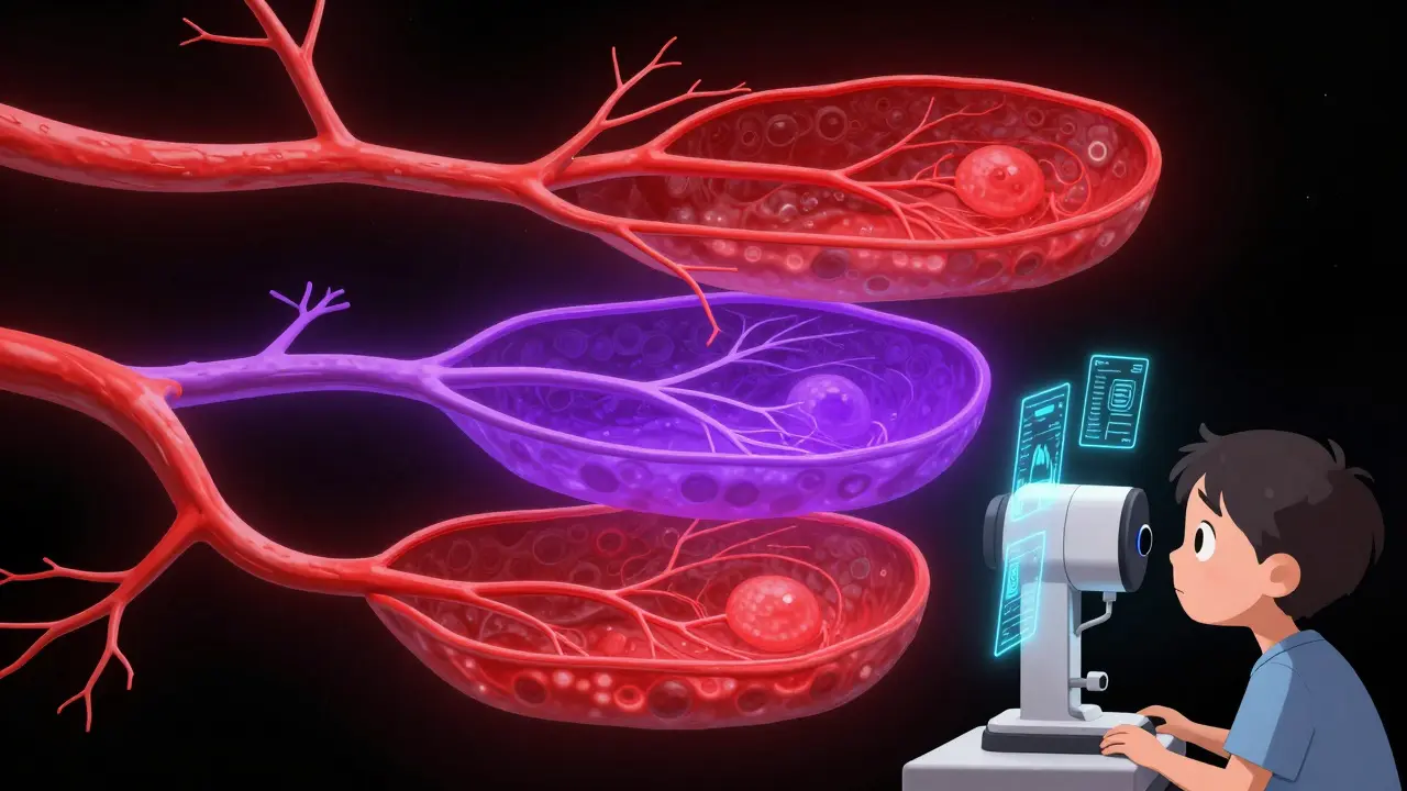 Représentation 3D des vaisseaux rétiniens en OCTA, sans injection, avec trois couches de capillaires lumineuses.
