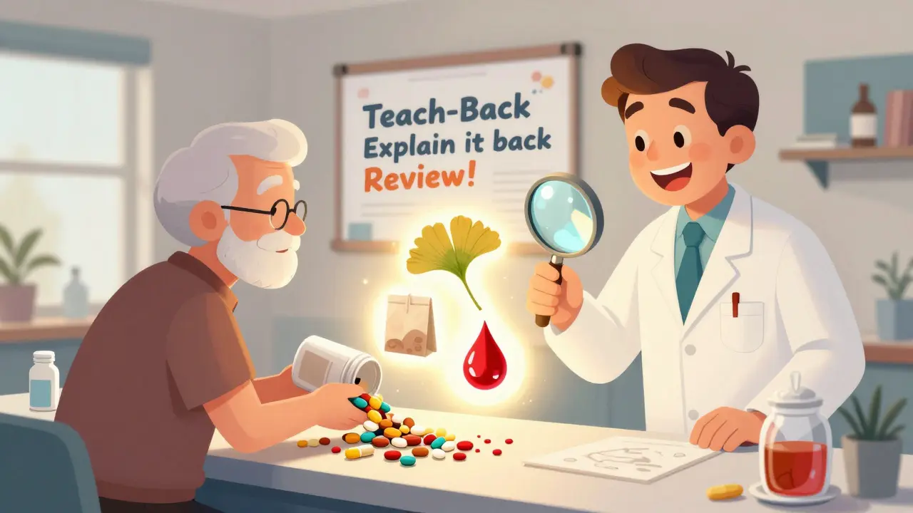 Revue de médicaments en sac brun, un pharmacien révèle des interactions dangereuses entre compléments et traitements.