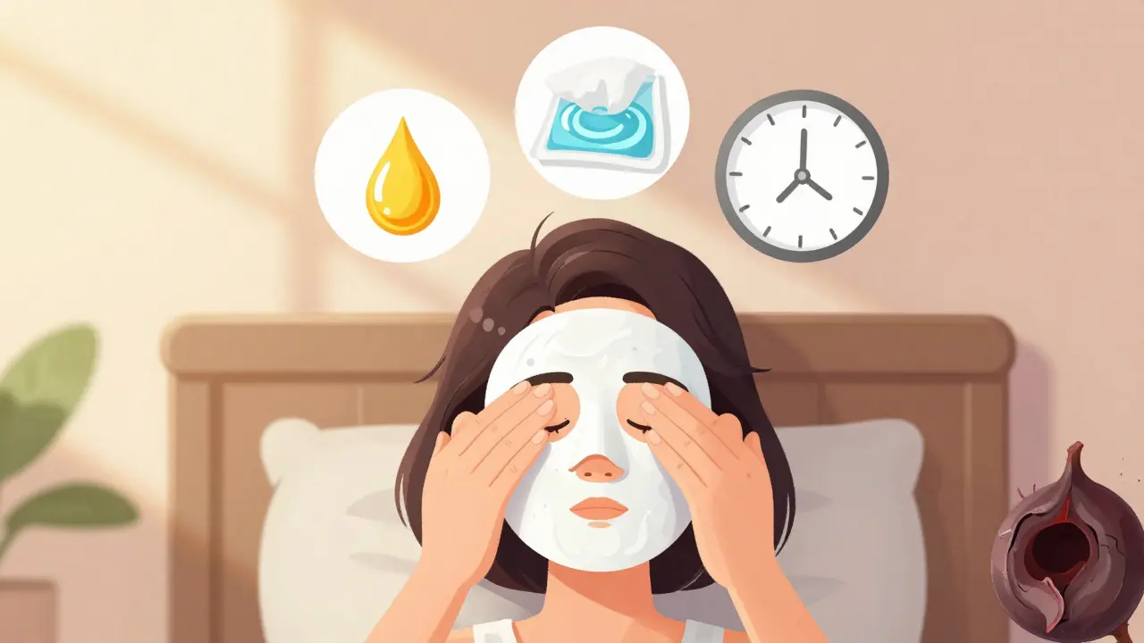 Routine quotidienne de soins oculaires : masque chauffant, massage des paupières et nettoyage, dans un cadre domestique apaisant.