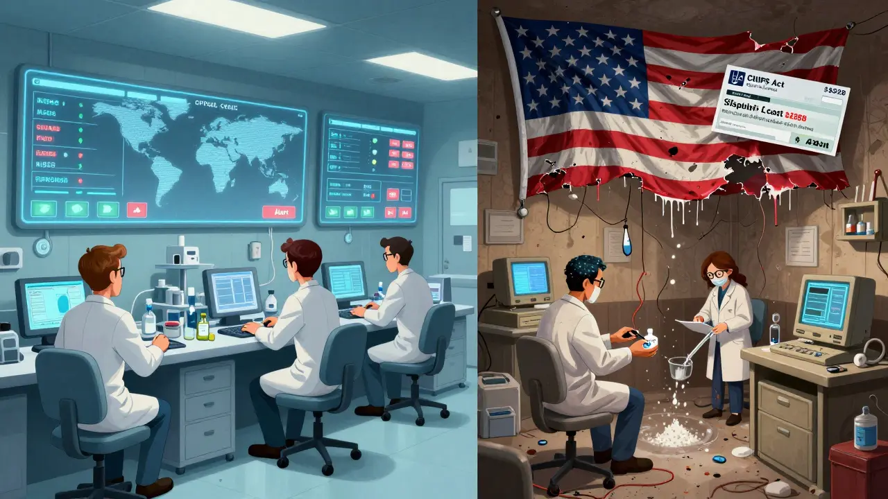 Scène comparée : Europe organisée avec tableaux en temps réel contre États-Unis chaotique où les pharmaciens mélangent des médicaments manuellement.