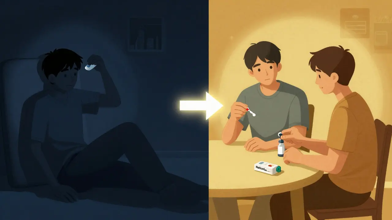 Scène divisée : d'un côté, prise dangereuse d'une dose complète ; de l'autre, prise sécurisée avec un kit de naloxone et un ami.