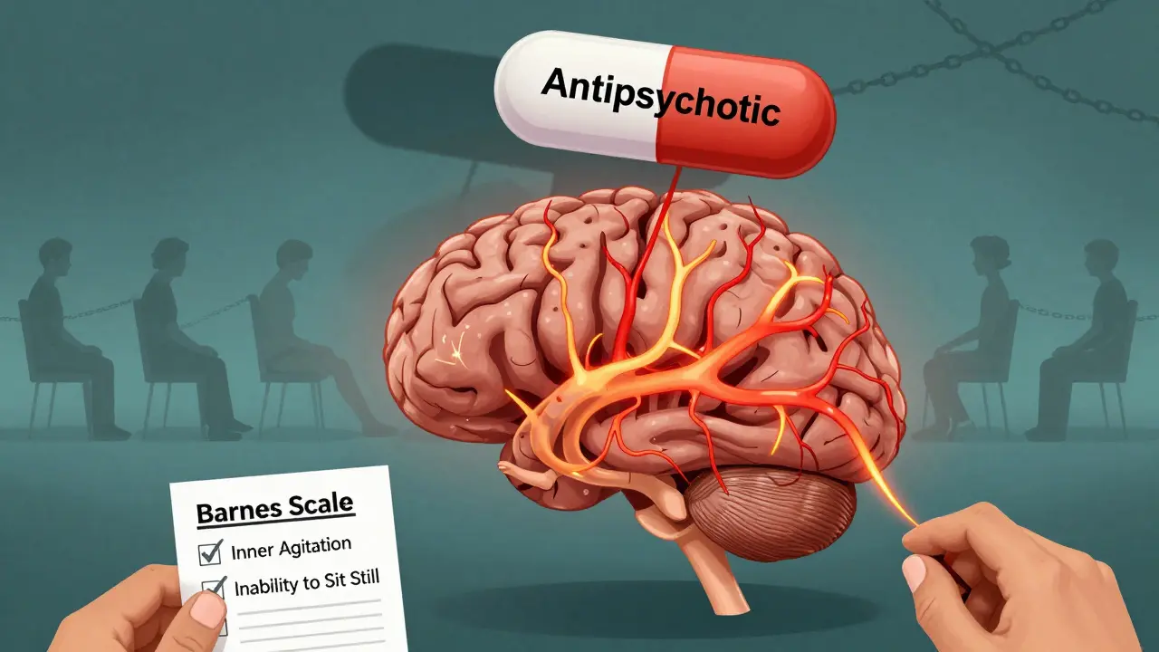 Schéma cérébral illustrant l'akathisie causée par un médicament, avec échelle de Barnes en arrière-plan.