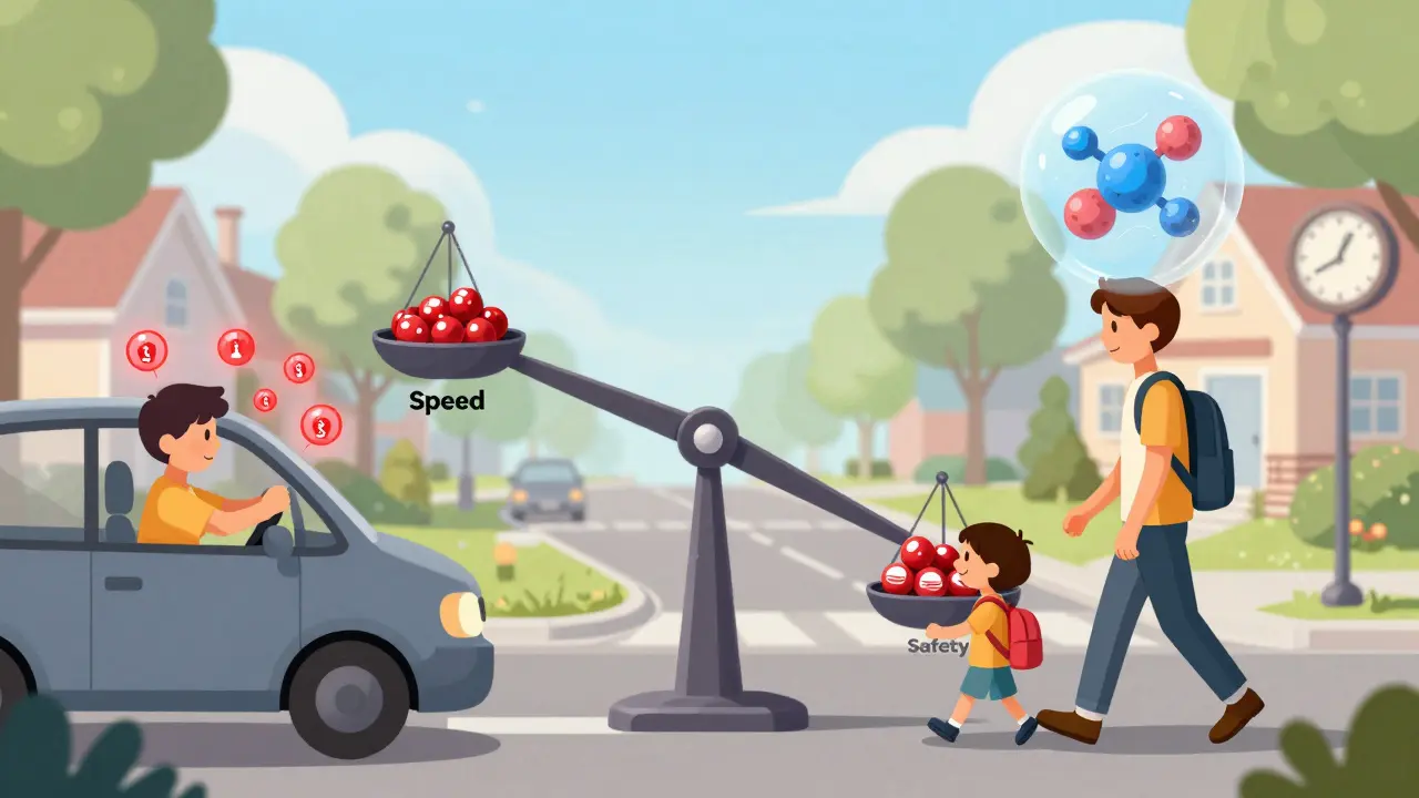 Split scene: person driving dangerously after triptan vs. calmly walking child after gepant, safety winning over speed.