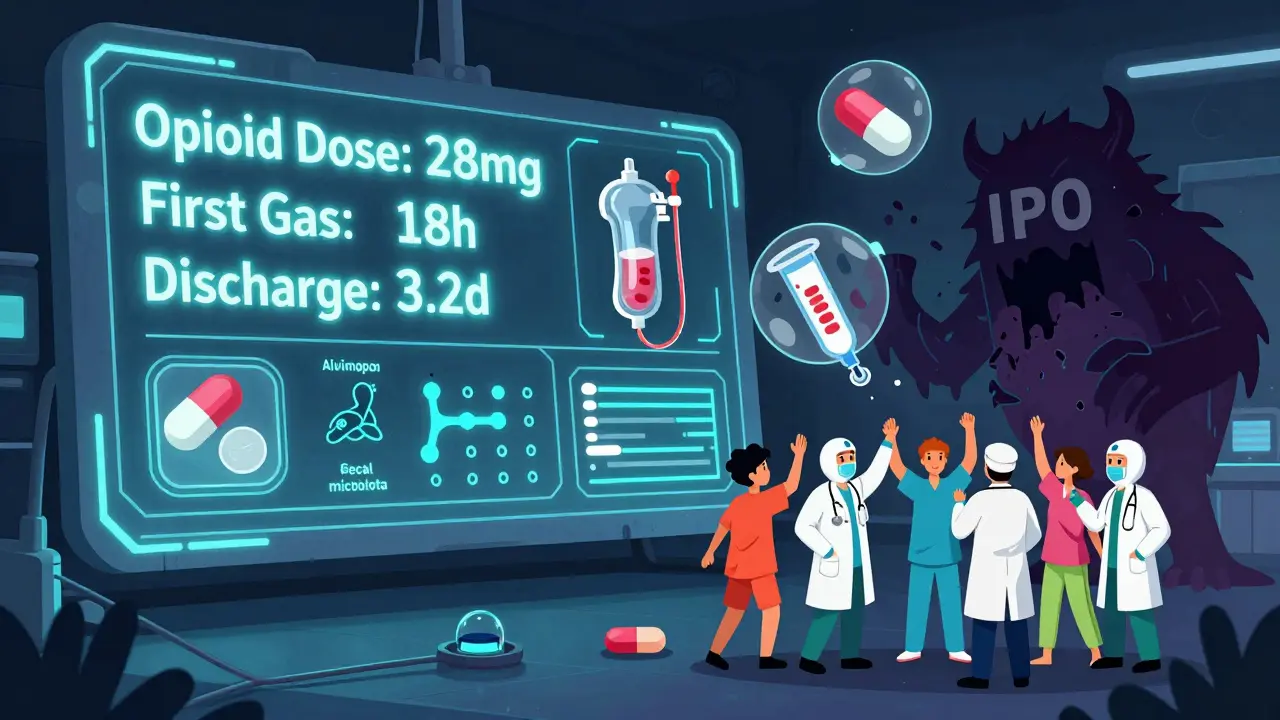 Tableau de bord médical futuriste montrant des indicateurs de récupération et des traitements contre l'illéus postopératoire.