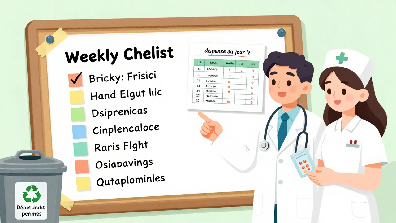 Tableau hebdomadaire de suivi des médicaments avec dates d'expiration et doses fractionnées.