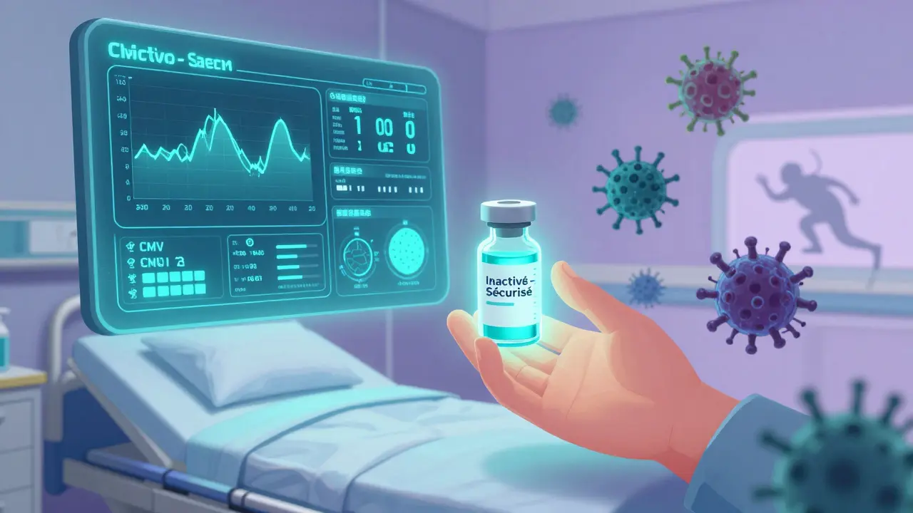 Tableau médical numérique affichant la charge virale CMV et un vaccin sécurisé.