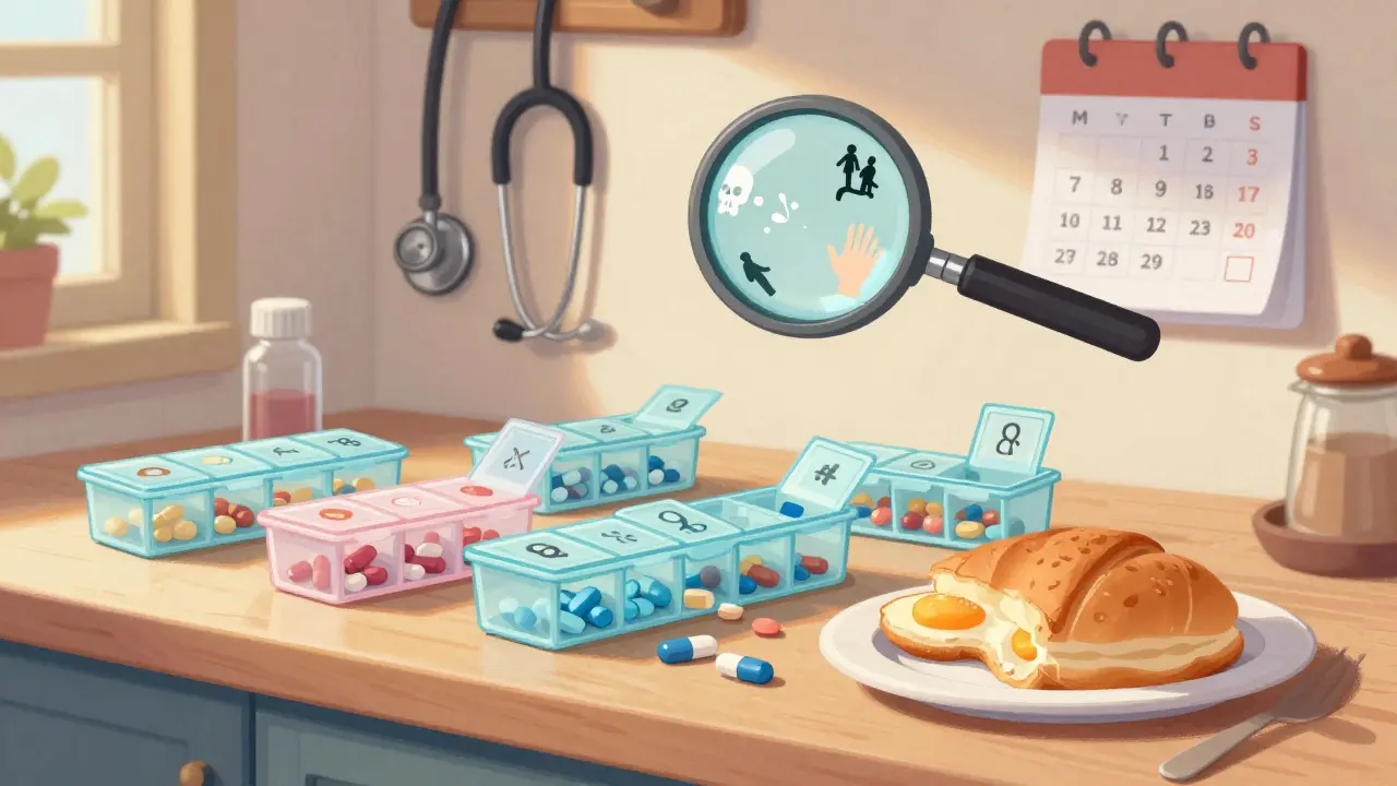 Un comptoir de cuisine en désordre avec des boîtes de pilules et un loupes révélant des avertissements.