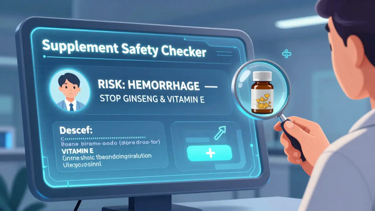 Un écran hospitalier affiche une alerte de sécurité pour un supplément dangereux, une main tient une bouteille examinée sous loupe.