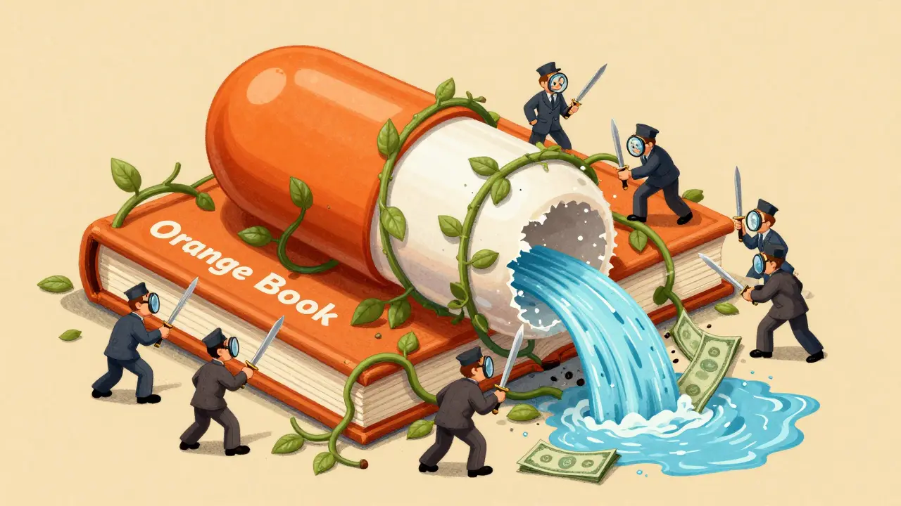 Un livre orange entouré de brevets complexes, tandis qu'un générique s'échappe.