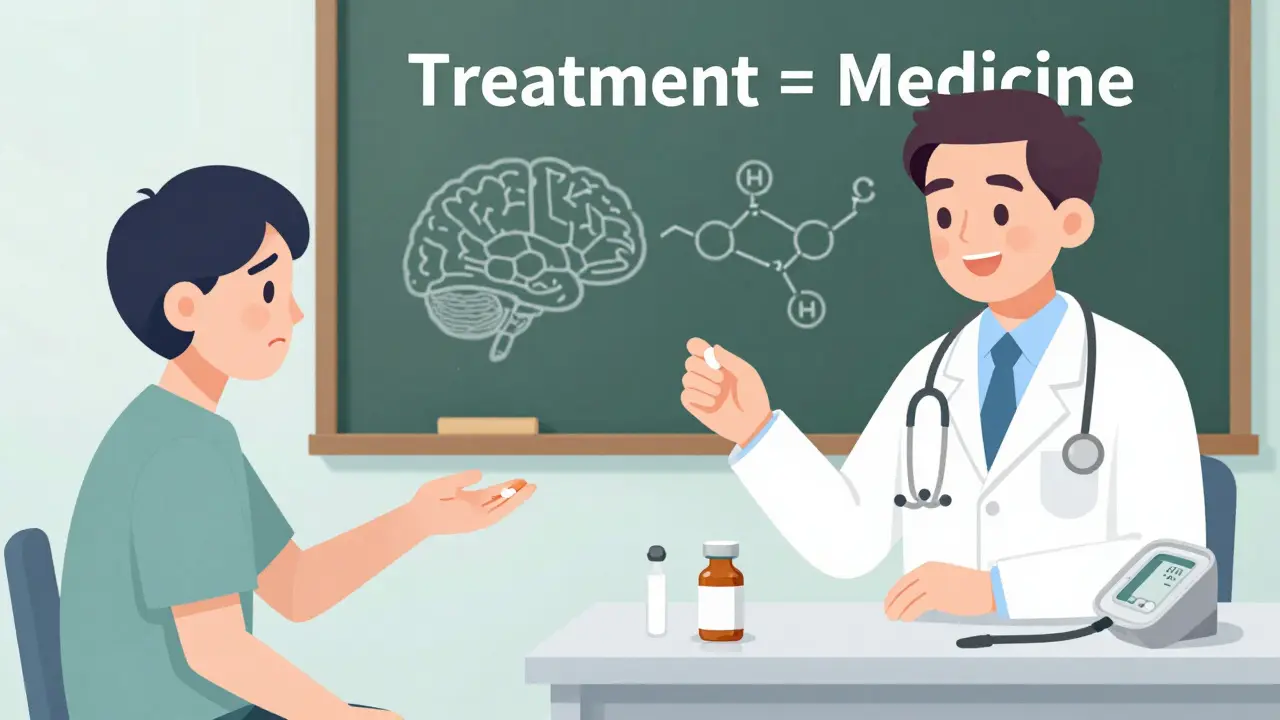 Un médecin offre un médicament psychiatrique à côté de l'insuline, montrant l'égalité des traitements.