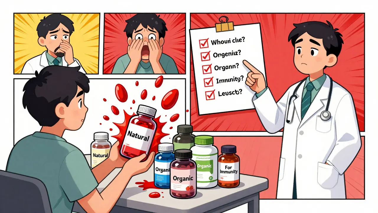Un patient présente des bouteilles de compléments alimentaires ; une gélule explose en gouttes de sang, un médecin montre une liste de questions essentielles.