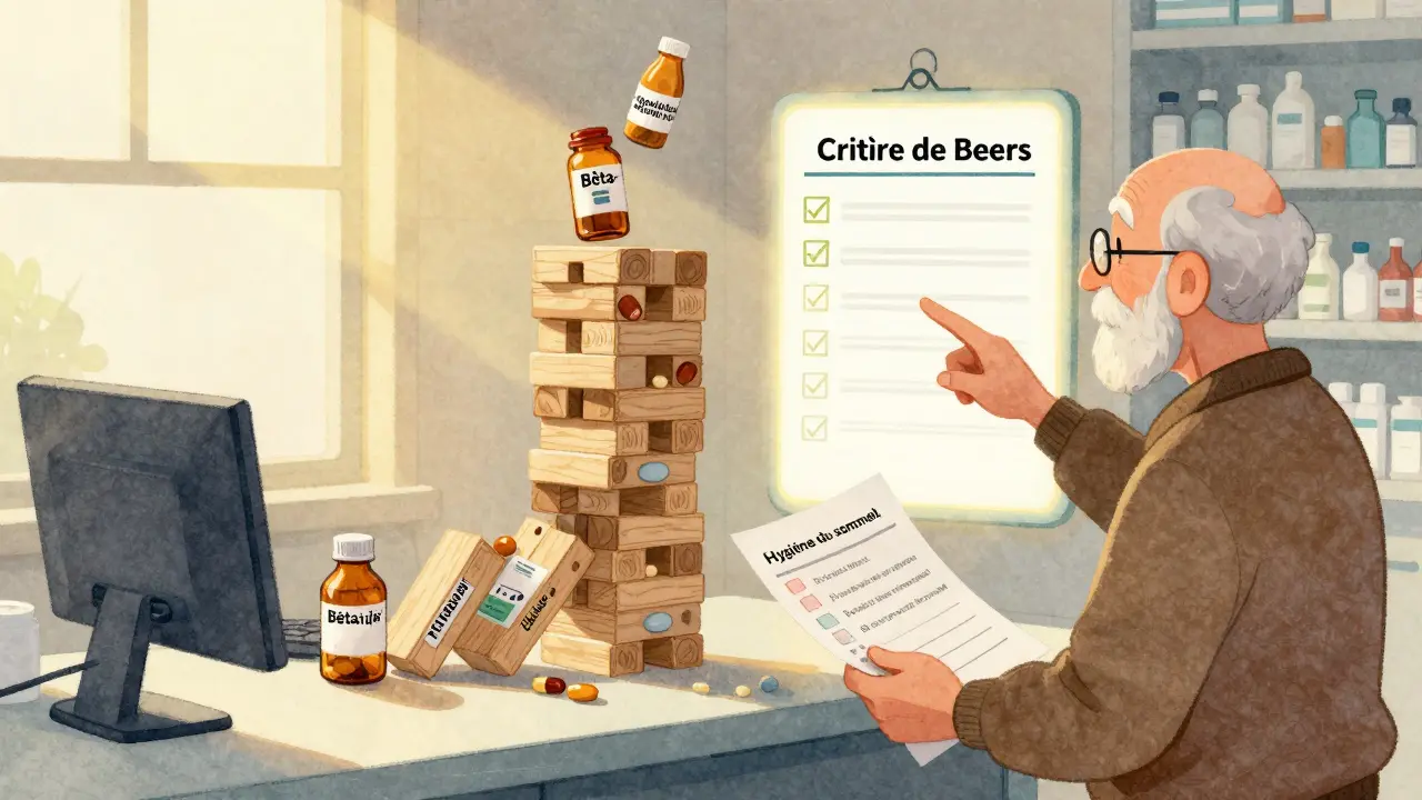 Un senior et un pharmacien devant une liste de médicaments sécurisés, une tour de pilules s’effondre.