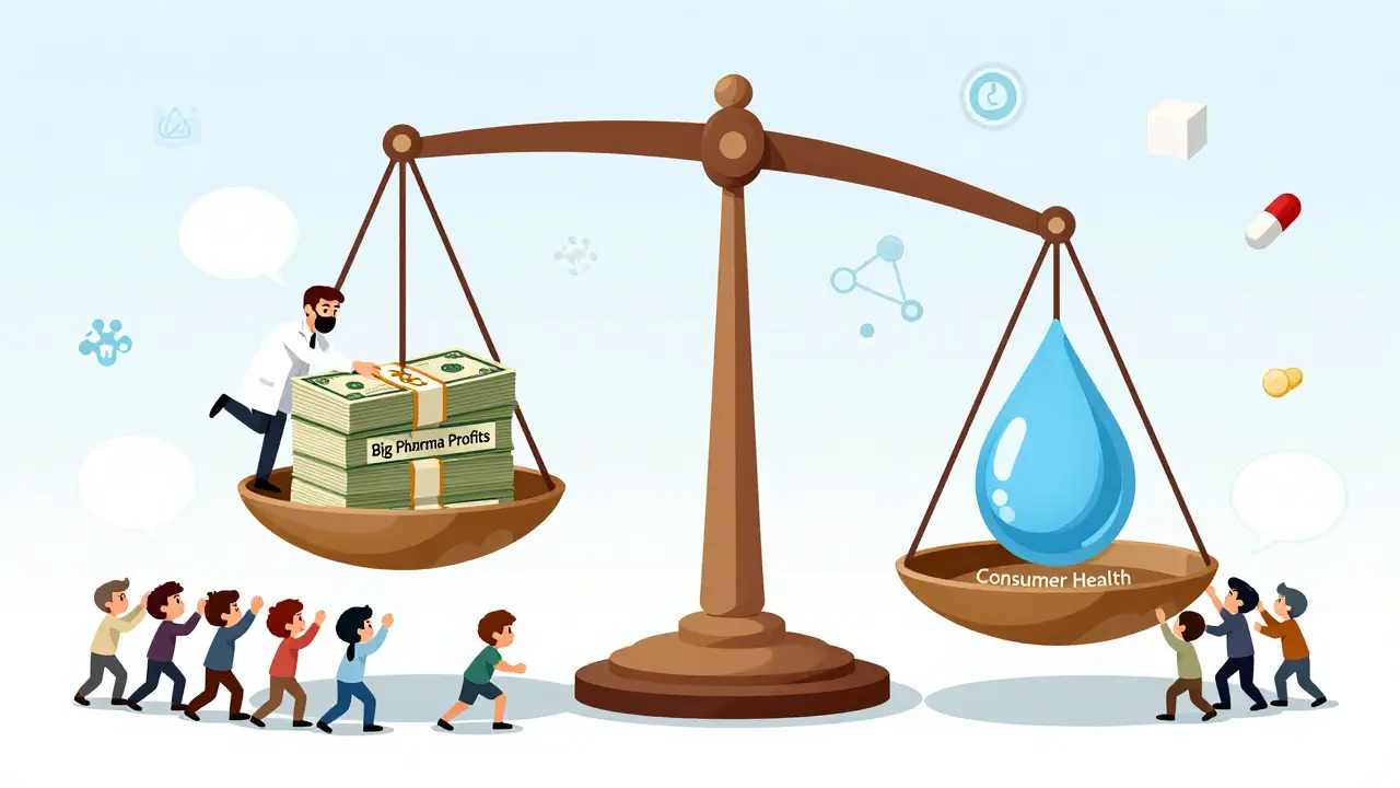 Une balance déformée où les profits industriels écrasent la santé des consommateurs, sous l'influence d'un régulateur partial.